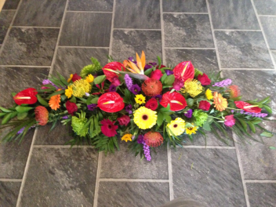 Tropical Tribute - Contemporary double ended spray using anthuriums, birds of paradise, protea, gerberas and other bright flowers and a mix of greenery. Flowers may vary according to season. Includes local delivery. 3 sizes, pic shown is coffin top size (large).